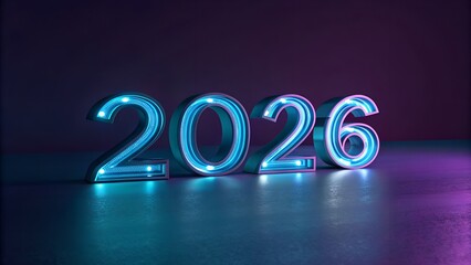 Glowing futuristic 2026 new year design with neon lights on a reflective surface