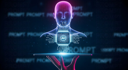 Futuristic ai human figure with glowing circuit board design and ai chip held on a tablet representing artificial intelligence and advanced technology concepts for innovation
