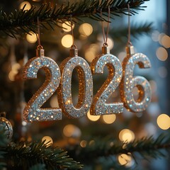 This image appears to depict festive hanging ornaments on a Christmas tree, spelling out "2026" 