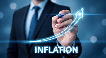Businessman drawing an upward arrow representing inflation on a digital screen showcasing financial growth and economic trends in a modern professional setting with a focus on business strategy