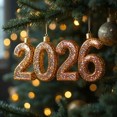 This image appears to depict festive hanging ornaments on a Christmas tree, spelling out "2026" 