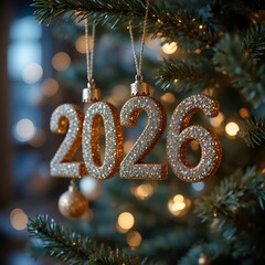This image appears to depict festive hanging ornaments on a Christmas tree, spelling out "2026" 