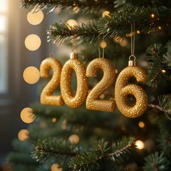 This image appears to depict festive hanging ornaments on a Christmas tree, spelling out "2026" 