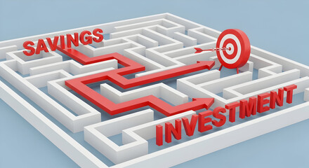 Savings and investment concept with a red arrow navigating a maze towards a target illustrating financial planning and strategic decisionmaking for achieving goals in a complex market landscape