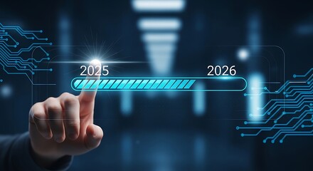 Finger touching glowing progress bar from 2025 to 2026 with circuit board elements future technology