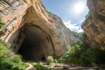 Massive cave entrance in lush green canyon valley
