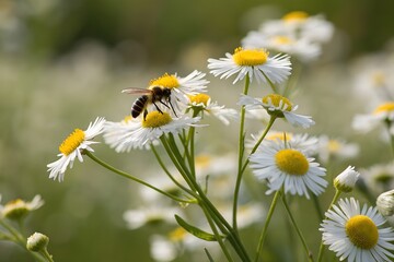 Honey bee collecting nectar from white daisy flower