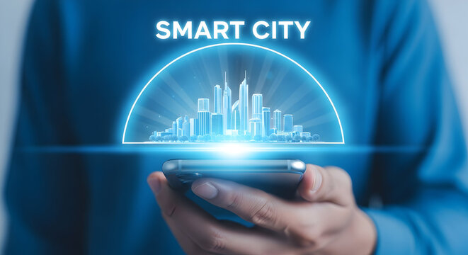 Hand holding smartphone displaying a futuristic smart city hologram with glowing skyline showcasing technology innovation urban planning and the future of sustainable urban development