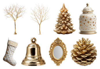 PNG Elegant gold Christmas decorations collection, element set on transparent background