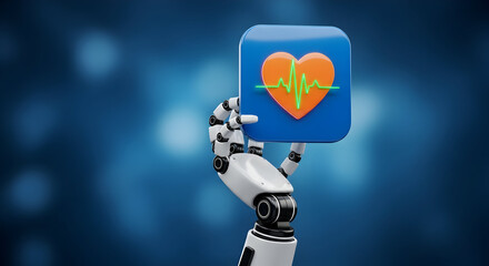 Robotic arm holds a blue square icon featuring an orange heart with a green heartbeat line against a blurred blue background symbolizing healthcare technology and futuristic medicine applications