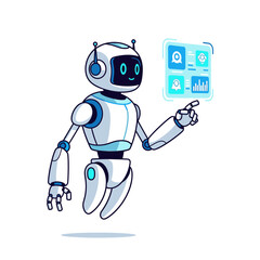 Cartoon robot pointing at a digital interface with icons and graphs, futuristic design.