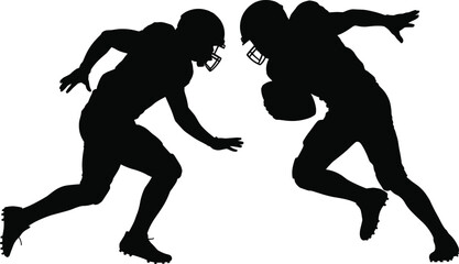 Vector Silhouette of American Football Action with Ball Carrier Running Past Defender, Illustrating Dynamic Sports Energy, Intensity, and Competition