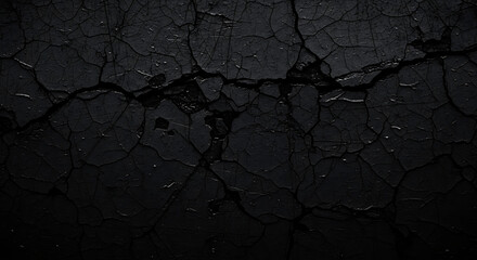Closeup of cracked black asphalt texture with water droplets, dark and gritty surface