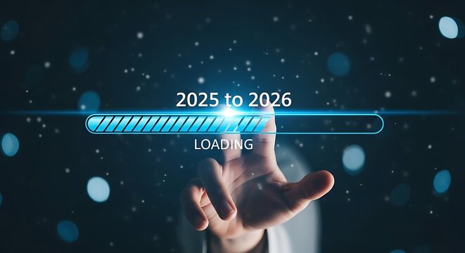 Hand touching glowing blue loading bar with 2025 to 2026 text on dark background progress bar future - Powered by Adobe