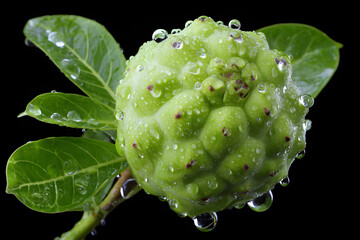 Closeup of fresh exotic cherimoya fruit with unique bumpy skin and leaves covered in water drops isolated on a dark black studio background showing tropical organic food