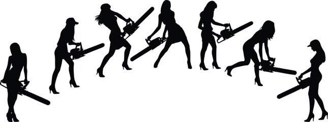 Vector Silhouettes of Seven Women Posing Dynamically with Chainsaws and High Heel Shoes, Symbolizing Feminine Strength, Danger, and Modern Edge