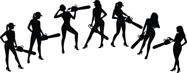 Vector Silhouettes of Seven Beautiful Women in Various Poses Holding Chainsaws and Wearing High Heels, Representing Female Empowerment and Attitude