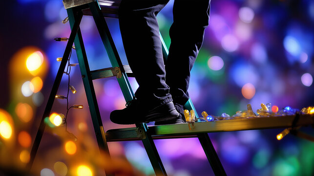 Back-view silhouette of a faceless decorator stepping on a small ladder, colorful lights softly out of focus around them, with copy space