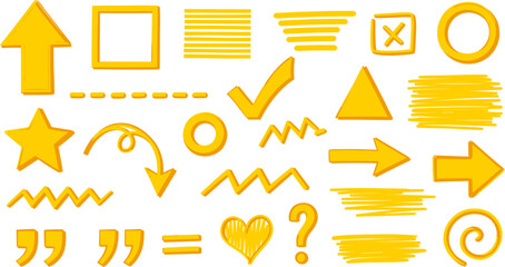 Hand drawn doodle elements in yellow color isolated on arrows, shapes, check mark, heart, question mark, quotation marks and other symbols