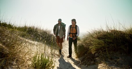 Fitness, hiking and pointing with friends in nature for exercise, hobby or wilderness journey. Active, bonding and walking with men outdoor in mountains to explore location for travel or trekking - Powered by Adobe