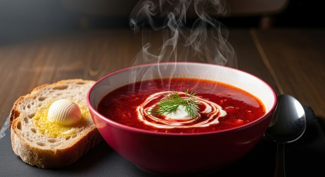 Vibrant bowl of beetroot soup with fresh bread and butter on wooden table - Powered by Adobe