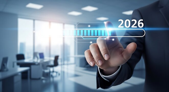 Businessman touching glowing progress bar with year 2026 in modern office hand finger