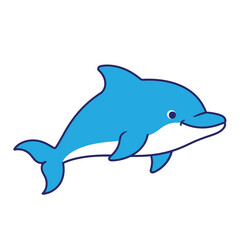 Cartoon illustration of a blue dolphin with a fin and a small smile.