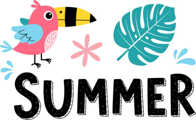 A cheerful cartoon illustration with a pink toucan, tropical leaf, flower, and the word summer isolated on, perfect for summer themes