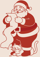 Cute Santa Claus Vector Illustration with Cat | Retro Christmas Holiday Clipart | Vintage Festive Artwork Vector