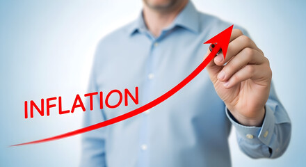 Rising inflation is illustrated with a red arrow drawn by a person symbolizing economic challenges and financial market volatility impacting investments and consumer spending habits significantly