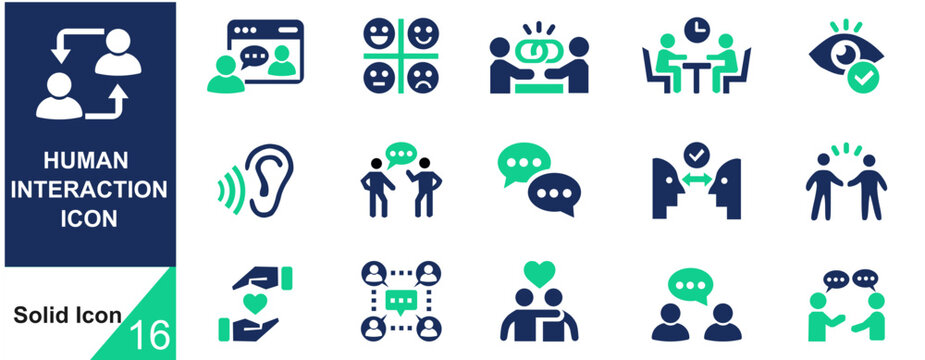 Human interaction icon set. Communication, people, connection, friends, chat, bonding solid icon vector illustration