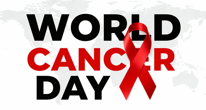 World cancer day text with red ribbon on white background and map, raising awareness for global health fight