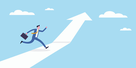 Obraz premium Businessman running up an upward trending arrow path in the sky