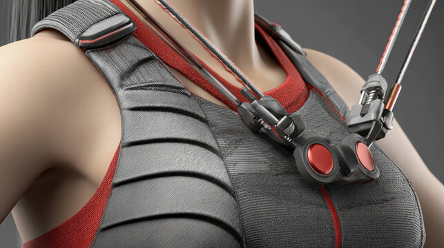 Modern rescue harness with red accents and textured fabric, closeup showing straps, buckles and cord tension for action readiness