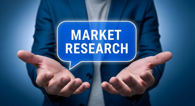 Person presents market research in a speech bubble showcasing business intelligence and strategic planning for growth and success in the competitive market landscape offering insights