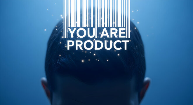 Conceptual artwork featuring a person's head with a barcode and the text "You are Product" symbolizing consumerism and data exploitation in a digital age with a blue background and sparkling effects