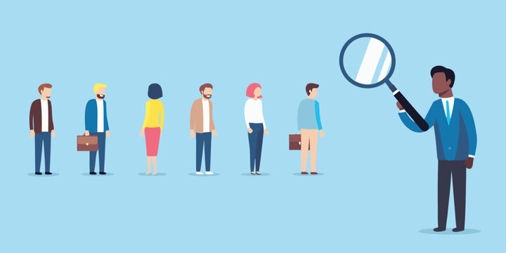 Recruiter examining candidates with magnifying glass