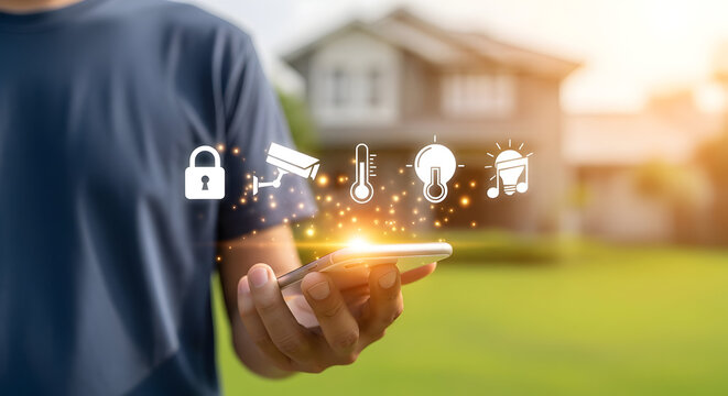 Man uses smart home automation app on smartphone to control security temperature and lighting in a modern house with connected devices and iot technology for convenience and efficiency - Powered by Adobe