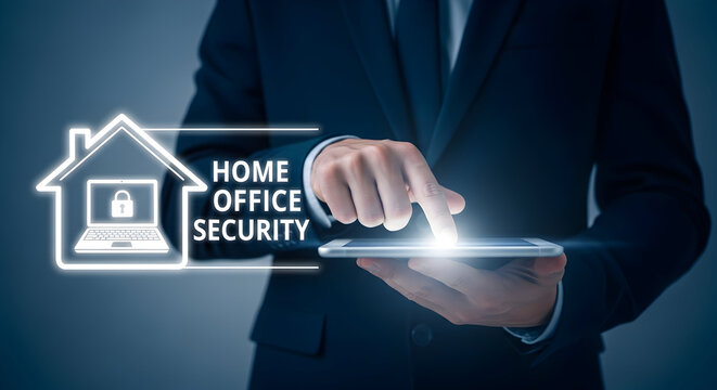Businessman using a tablet for home office security showcasing digital safety measures and cybersecurity solutions for remote work environments with data protection and online privacy tools