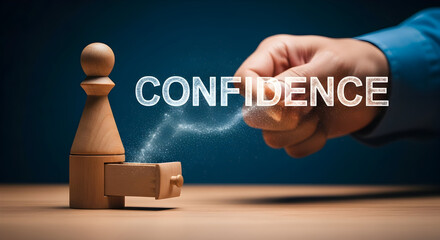 Wooden pawn with open drawer symbolizing unlocking confidence a concept enhanced by a hand sprinkling magical dust set against a deep blue backdrop emphasizing personal growth and empowerment