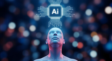 Futuristic ai concept featuring a human figure with a glowing circuit board brain representing artificial intelligence and advanced technology on a blurred blue background innovation