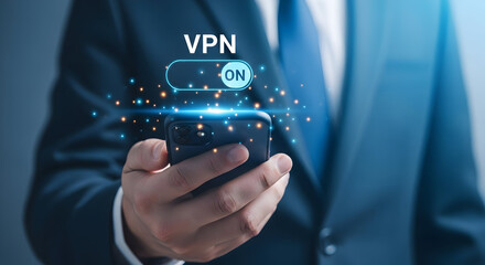 Businessman activates vpn on smartphone for secure connection showcasing cybersecurity and data protection with digital technology and online privacy in a modern professional setting