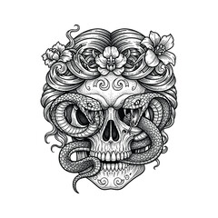 Vector tattoo design pattern featuring skulls, roses, and baroque elements in a dark gothic engraving style