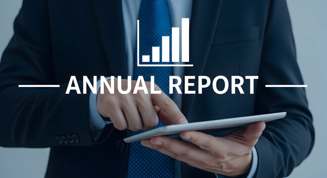 Businessman reviews the annual report on a tablet analyzing financial data and market trends for strategic planning and investment decisions in the corporate sector for growth and success