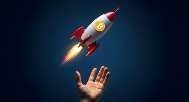Bitcoin rocket launching towards success with a hand reaching up symbolizing cryptocurrency investment and growth in the digital finance market on a dark blue background for financial technology