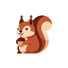Cartoon squirrel holding an acorn with a bushy tail and brown fur, isolated on white.