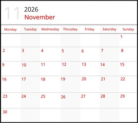 11 November 2026 Calendar Vector Illustration. Date Icon. Day calendar 