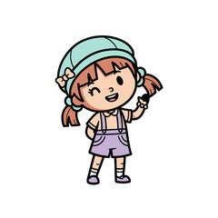 Cartoon girl with pigtails wearing a hat and overalls, winking and waving.
