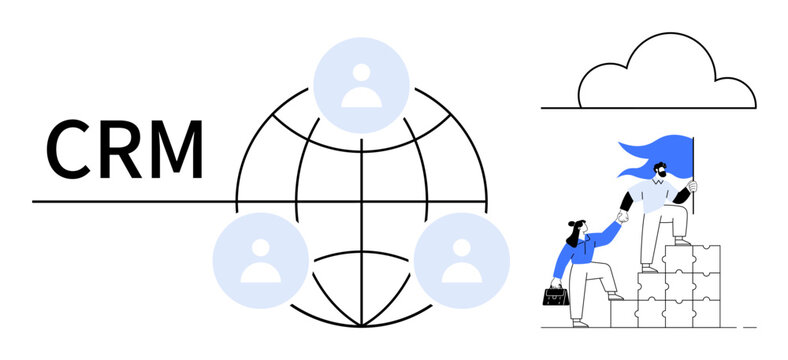 CRM text with globe connecting users, teammate helping another climb blocks under a flag. Ideal for teamwork, customer relationship, support systems, goal achievement, leadership, global connection