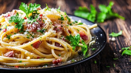 Delicious pasta dish topped with grated cheese and fresh herbs served on a dark plate